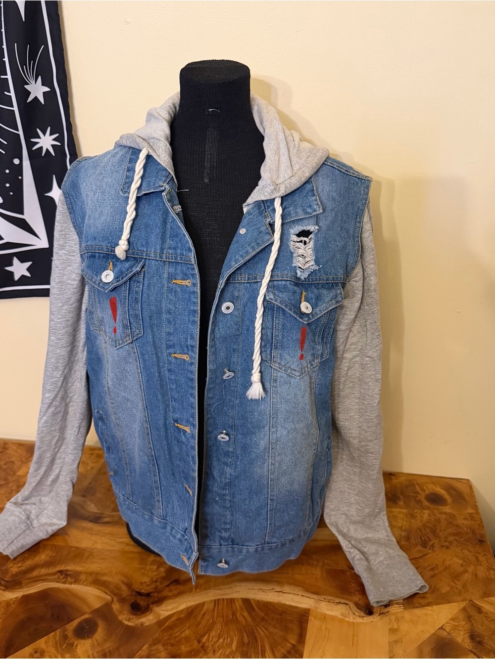 Denim Vest With Sweater Sleeves L Distressed Festival Concert Hoodie
